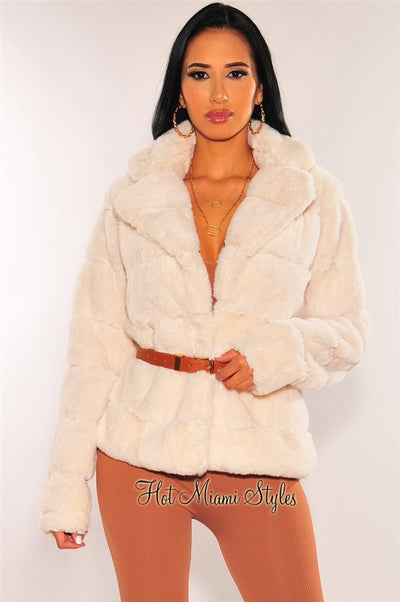 Cream Collared Faux Fur Belted Jacket - Hot Miami Styles