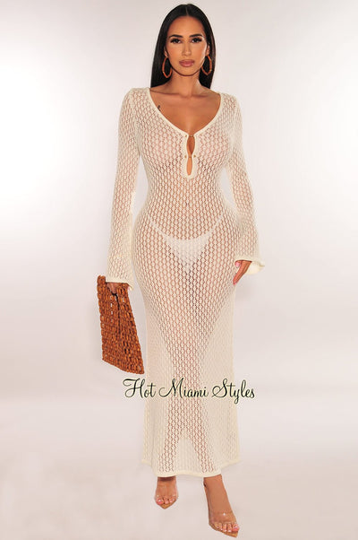 Cream Crochet Bell Sleeve Gold Pin Mermaid Cover Up Dress - Hot Miami Styles
