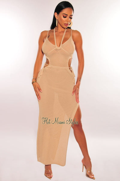 Cream Crochet Halter Spaghetti Straps Cut Out Slit Cover Up Dress - Hot Miami Styles
