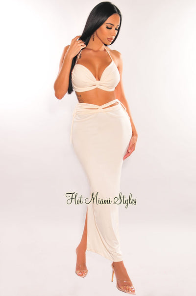 Cream Cut Out Knotted Midi Skirt Two Piece Set - Hot Miami Styles