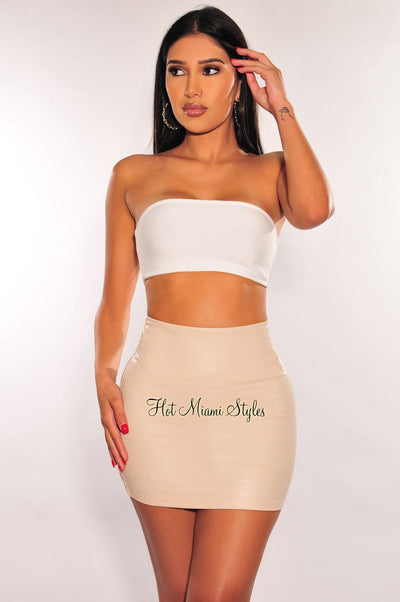 Cream Faux Leather Mini Skirt - Hot Miami Styles