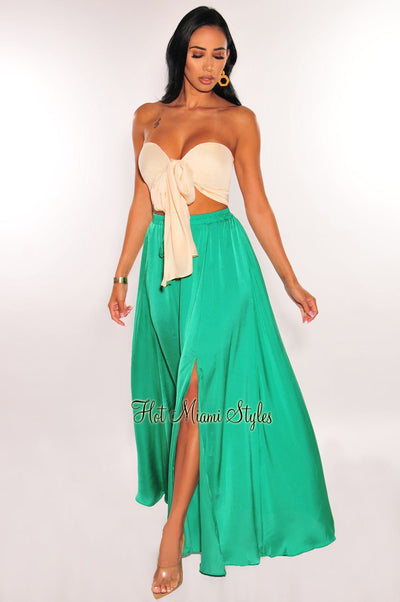 Cream Green Strapless Tie Up Palazzo Pants Two Piece Set - Hot Miami Styles