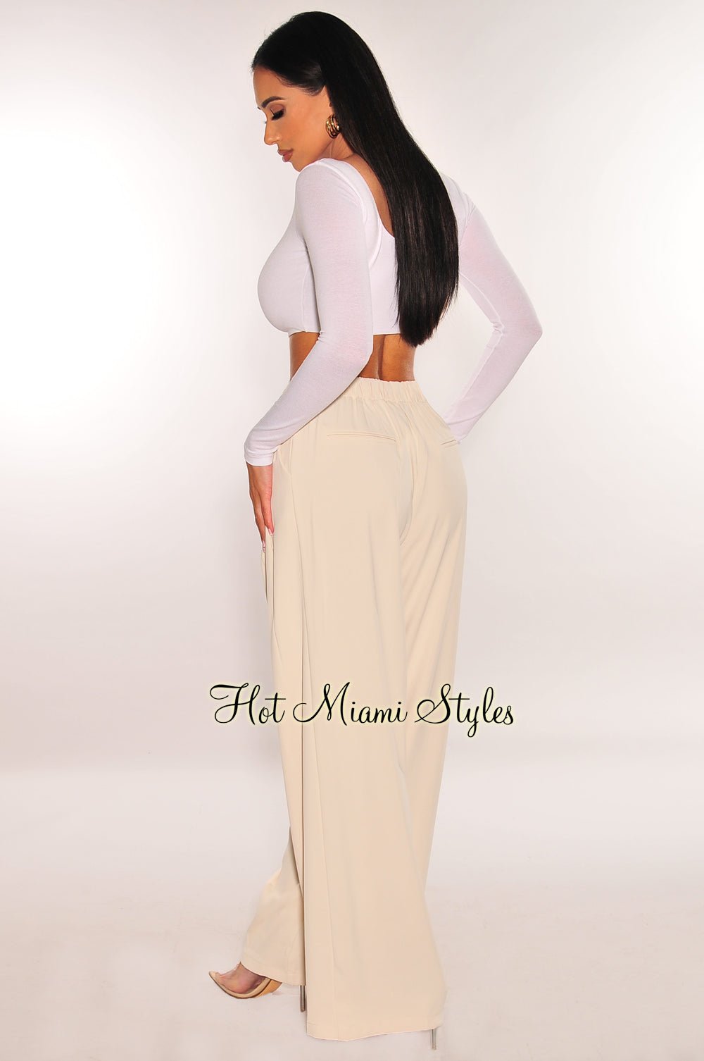 Cream High Waist Pleated Wide Leg Pants – Hot Miami Styles
