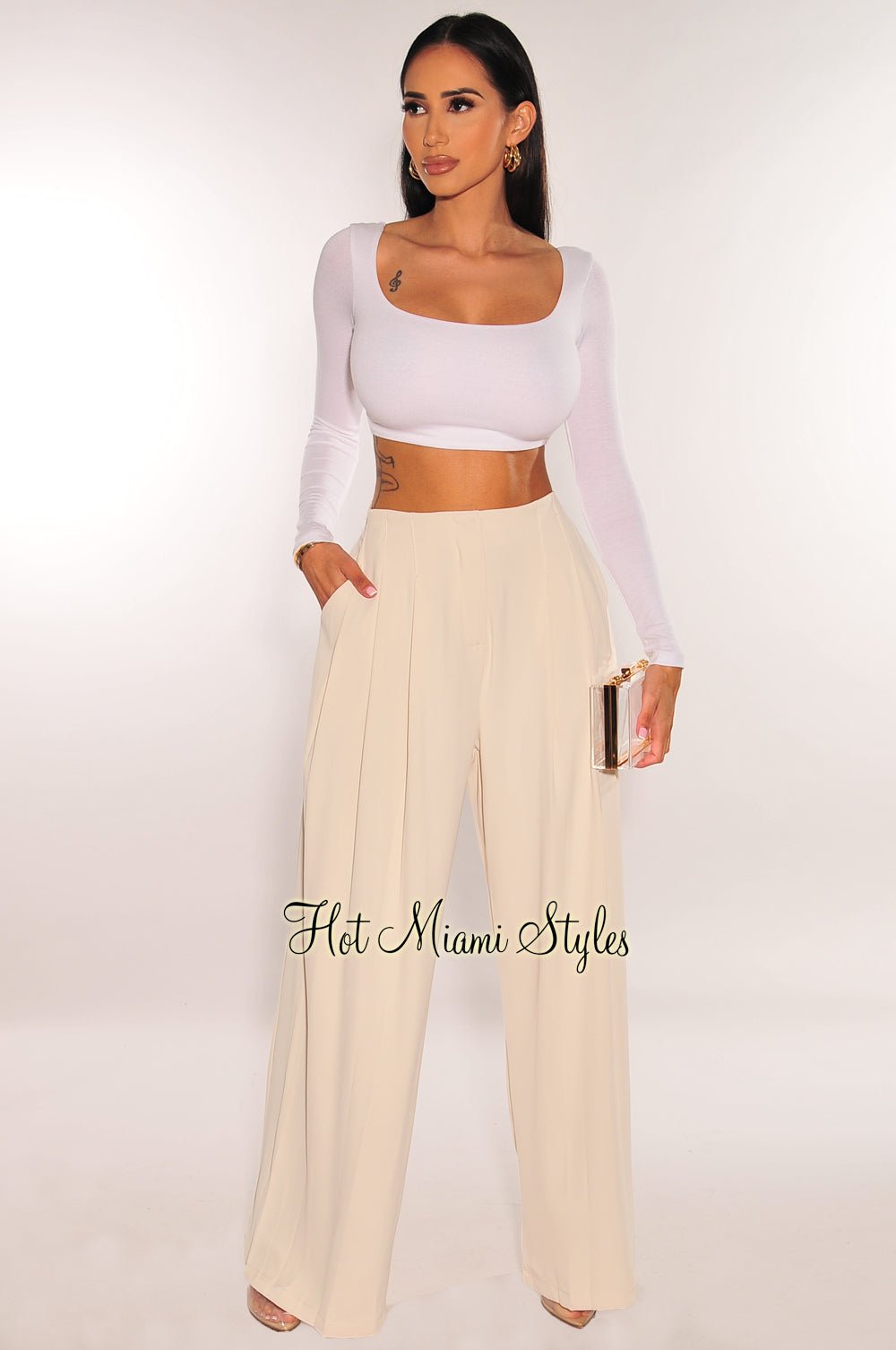 Cream High Waist Pleated Wide Leg Pants Hot Miami Styles