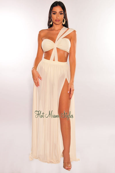Cream One Shoulder Cut Out Strappy Slit Maxi Dress - Hot Miami Styles