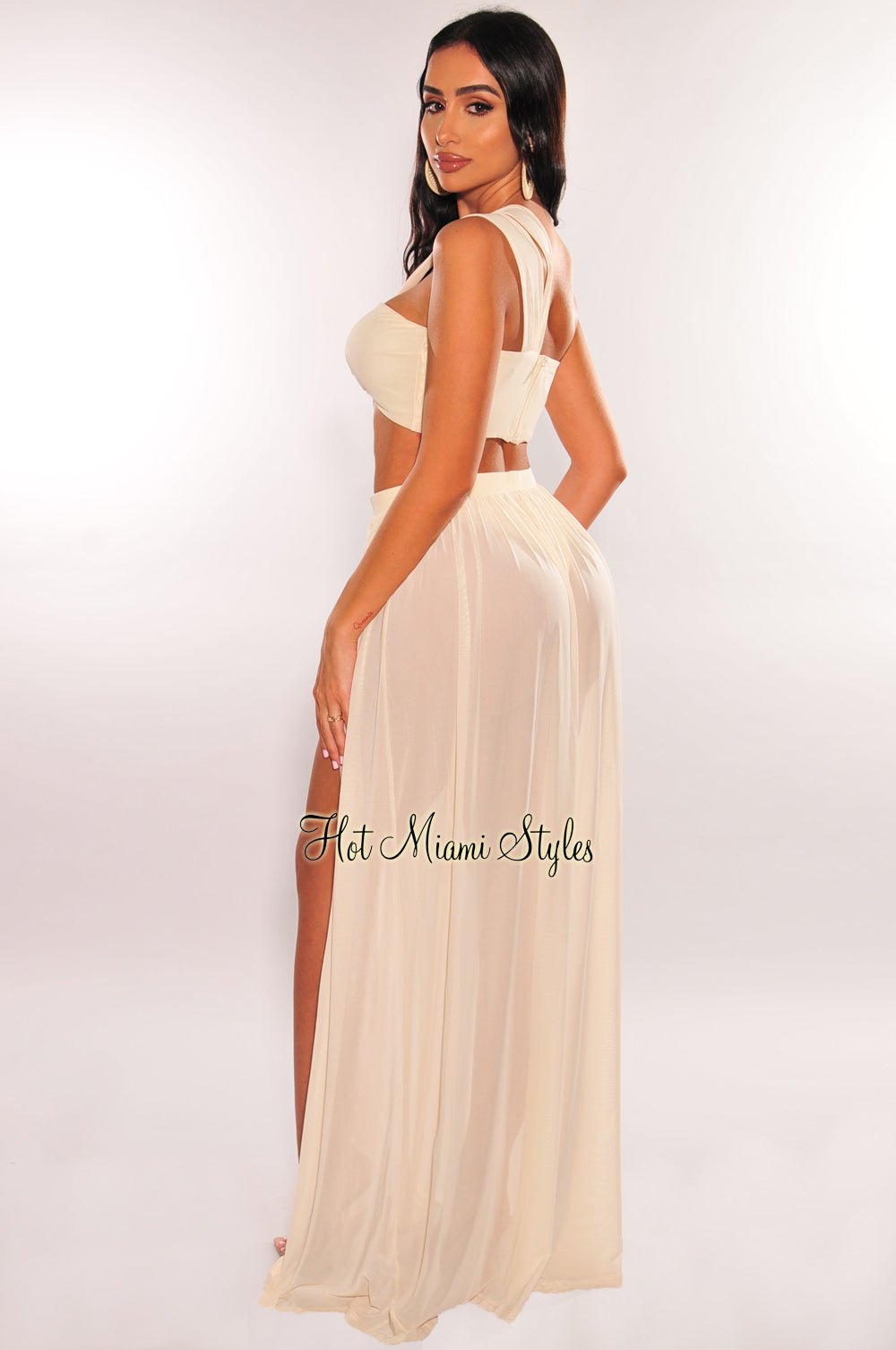 Rehab Cream One Shoulder Cut Out Strappy Slit Maxi Dress Hot Miami Styles Large