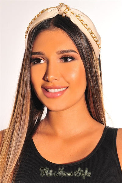 Cream Pearl Gold Chain Knotted Headband - Hot Miami Styles