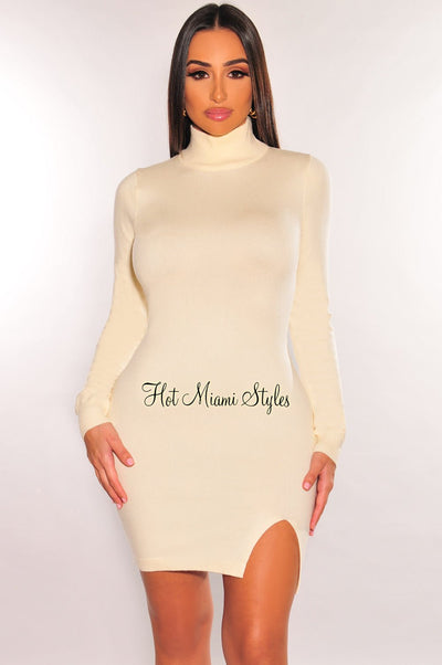 Cream Ribbed Knit Turtleneck Long Sleeve Sweater Dress - Hot Miami Styles