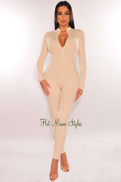 Cream Ribbed Zipper Long Sleeve Jumpsuit - Hot Miami Styles