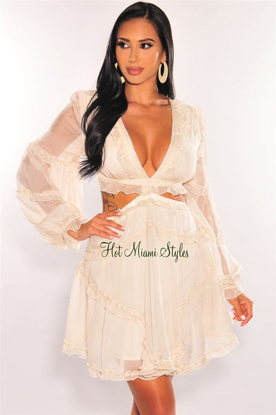Cream Ruffle Cut Out Lace Up Long Sleeves Dress - Hot Miami Styles