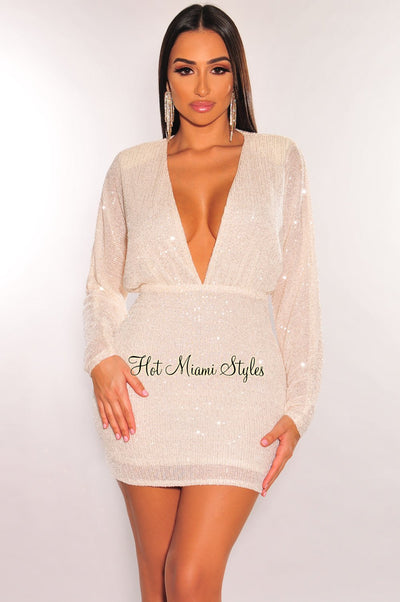 Cream Sequins Plunge V Neck Long Sleeve Mini Dress - Hot Miami Styles