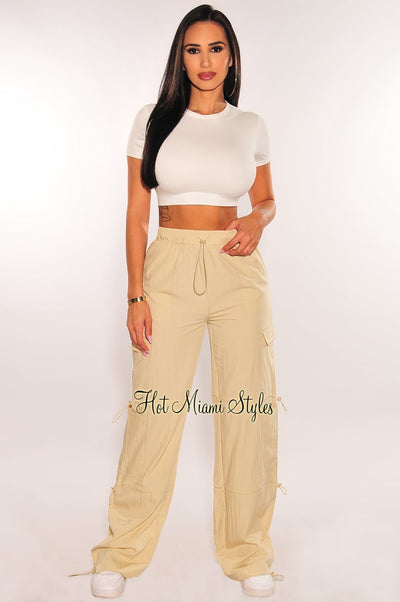 Cream Wide Leg Drawstring Cargo Pants - Hot Miami Styles