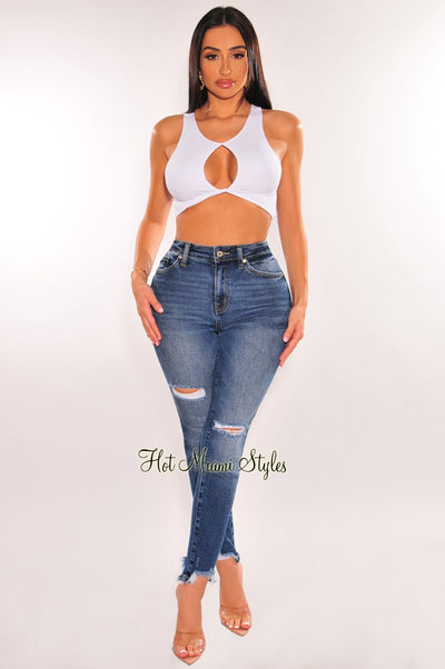 Dark Blue Denim Distressed High Waist Frayed Hem Jeans - Hot Miami Styles
