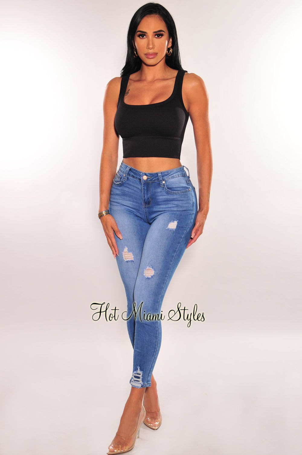 kravle flare mandat Dark Blue Denim Wash High Waisted Ripped Stretchy Skinny Jeans – Hot Miami  Styles