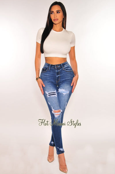 Dark Denim High Rise Skinny Ankle Ripped Jeans - Hot Miami Styles