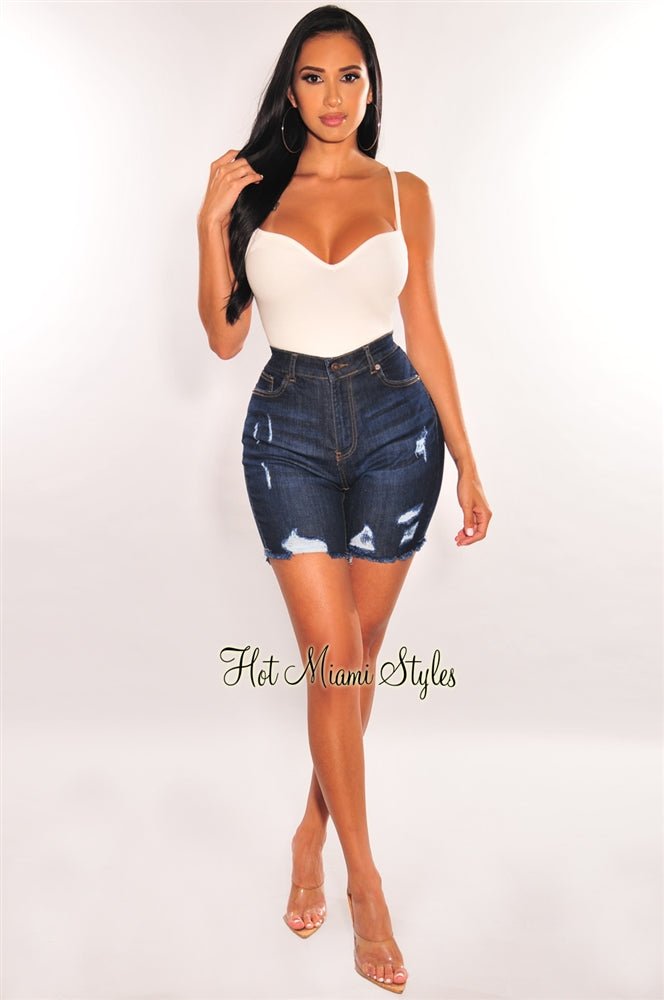 Dark Denim High Waist Distressed Frayed Hem Biker Shorts - Hot Miami Styles