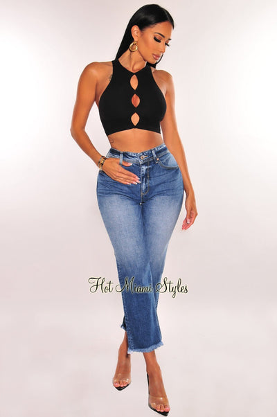 Dark Denim Wash High Waist Frayed Hem Straight Leg Jeans - Hot Miami Styles