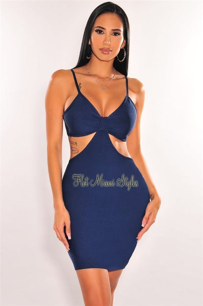 Deep Blue Bandage Spaghetti Straps Knotted Cut Out Mini Dress - Hot Miami Styles