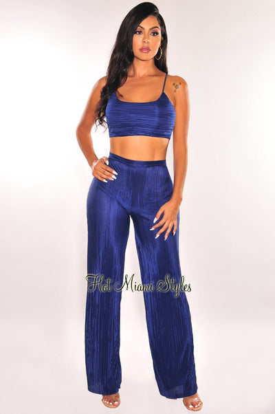 Deep Blue Ribbed Palazzo Pants Two Piece Set - Hot Miami Styles