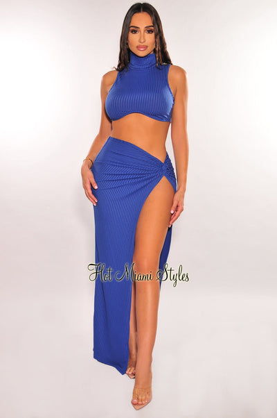 Deep Blue Ribbed Turtleneck Sleeveless Knotted Slit Skirt Two Piece Set - Hot Miami Styles