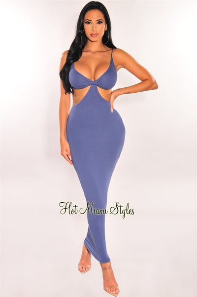 Deep Blue Spaghetti Straps Knotted Cut Out Maxi Dress - Hot Miami Styles