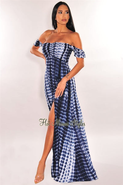 Deep Blue Tie Dye Ruffle Strap Smocked Slit Maxi Dress - Hot Miami Styles