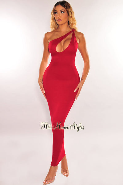 Deep Red One Shoulder Knotted Sleeveless Cut Out Midi Dress - Hot Miami Styles
