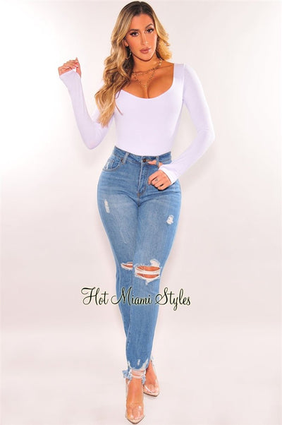 Denim Distressed Hem High Waist Jeans - Hot Miami Styles
