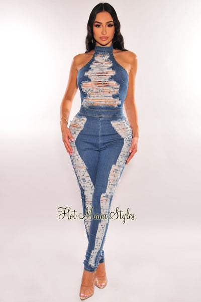 Denim Halter Sleeveless Ripped Destroyed Open Back Jumpsuit - Hot Miami Styles