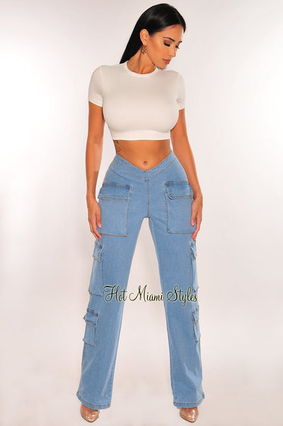 Denim High Waist Asymmetrical Wide Leg Cargo Jeans - Hot Miami Styles