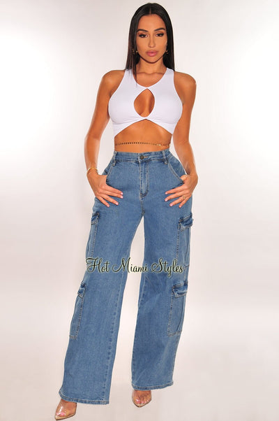 Denim High Waist Cargo Wide Leg Jeans - Hot Miami Styles