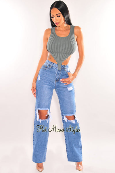 Denim Ripped High Waist Wide Leg Jeans - Hot Miami Styles