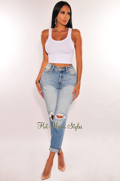 Denim Ripped Knee High Waist Ankle Jeans - Hot Miami Styles