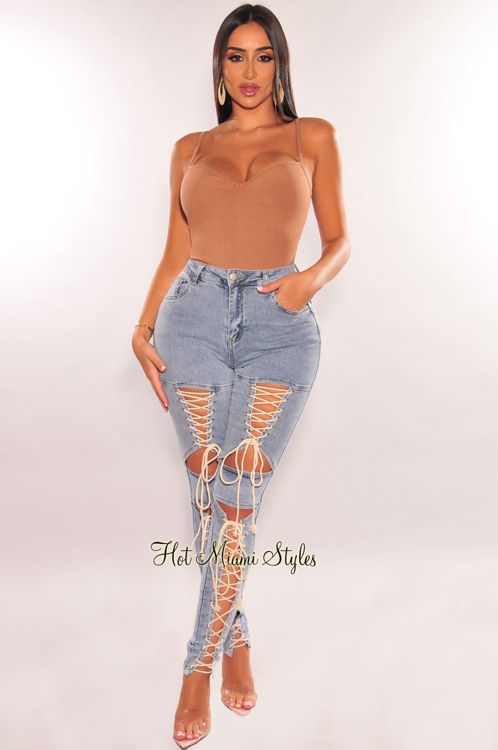 Light Denim Lace Up Cut Out High Waist Skinny Jeans - Hot Miami Styles
