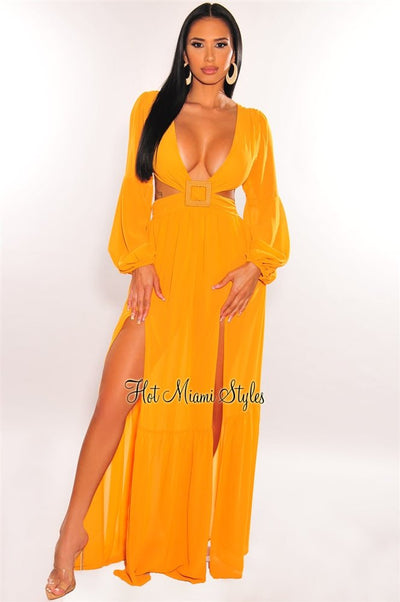 Dijon Mesh V Neck Cut Out Long Sleeves Double Slit Maxi Dress - Hot Miami Styles