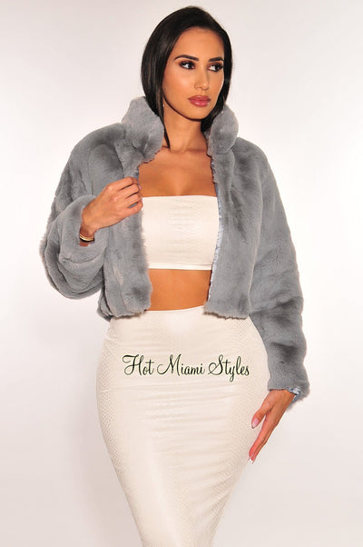 Dusty Blue Faux Fur Collared Long Sleeve Cropped Jacket - Hot Miami Styles