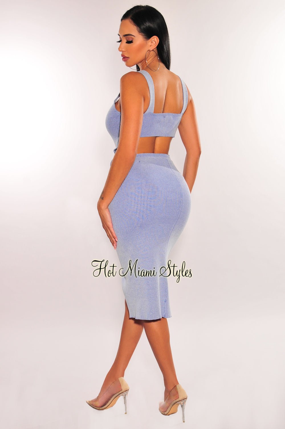 Dusty Blue Ribbed Cut Out Bodysuit Layover Button Up Skirt