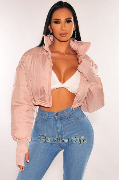 Dusty Pink Zipper Long Sleeve Cropped Puffer Jacket - Hot Miami Styles