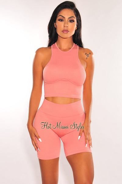 Dusty Rose Seamless Ribbed Biker Shorts Two Piece Set - Hot Miami Styles