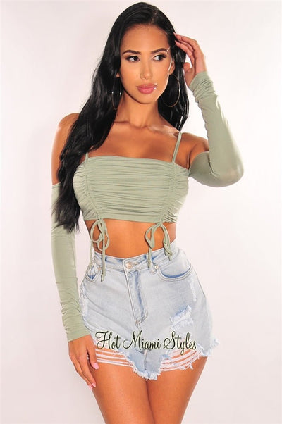 Dusty Sage Double Straps Off Shoulder Ruched Crop Top - Hot Miami Styles