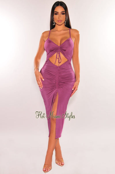 Dusty Violet Spaghetti Strap Drawstring Ruched Cut Out Slit Dress - Hot Miami Styles