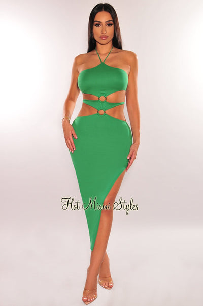 Emerald Halter Cut Out O-Ring Tie Up Slit Dress - Hot Miami Styles