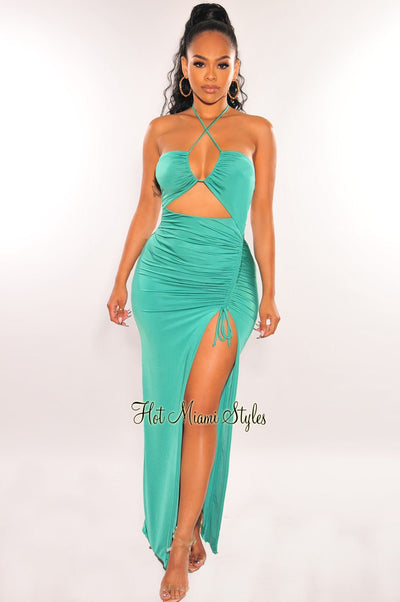 Emerald Halter Cut Out Ruched Slit Maxi Dress - Hot Miami Styles