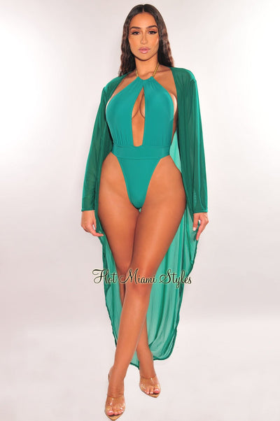 Emerald Mesh Long Sleeve High Low Cut Cover Up - Hot Miami Styles