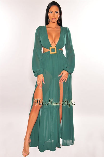Emerald Mesh V Neck Cut Out Long Sleeves Double Slit Maxi Dress - Hot Miami Styles