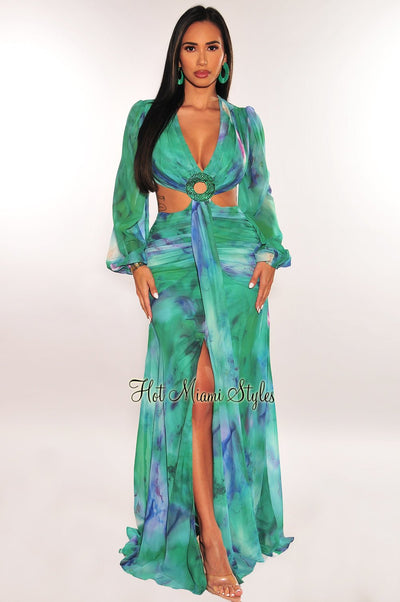 Emerald Multi Color Long Sleeve Cut Out Rhinestone O Ring Ruched Drape Slit Maxi Dress - Hot Miami Styles