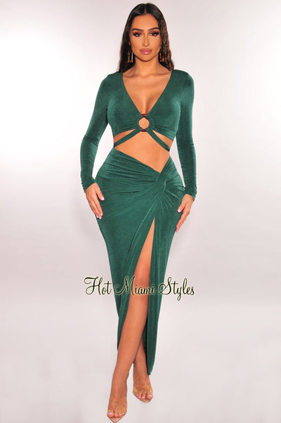 Emerald O-Ring Wrap Around Long Sleeve Slit Skirt Two Piece Set - Hot Miami Styles