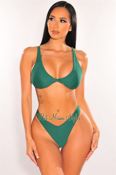 Emerald Padded Knotted Spaghetti Straps High Cut Bikini Bottom - Hot Miami Styles