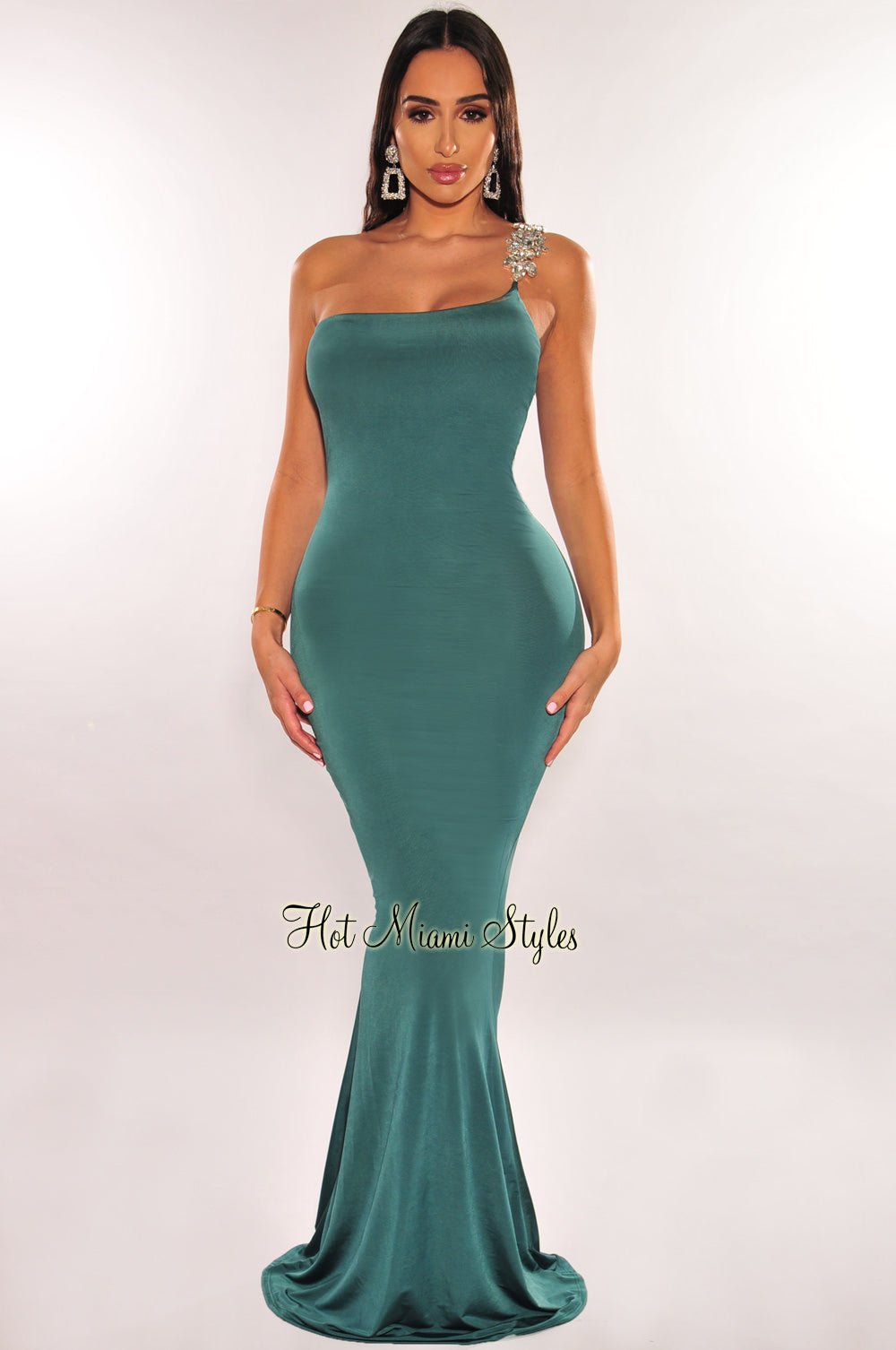 Emerald Rhinestone Silky One Shoulder Gown - Hot Miami Styles Small Emerald Rhinestone Silky One Shoulder Gown - Hot Miami Styles Small
