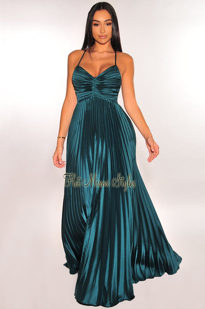 Emerald Satin Pleated Spaghetti Straps Maxi Dress - Hot Miami Styles
